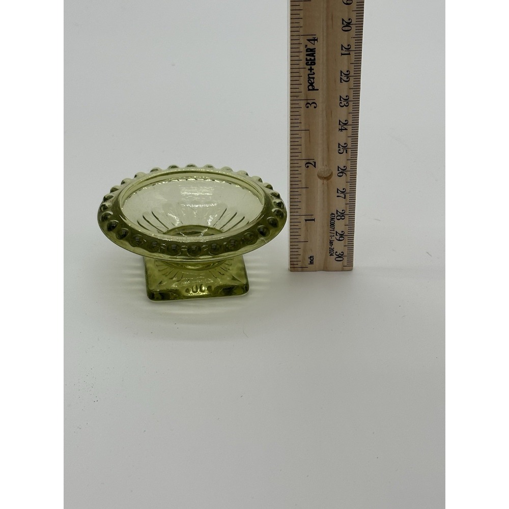 VTG Olive Green Glass Open Salt Cellar 3" Beaded Rim Square Pedestal Base - Picture 5 of 6
